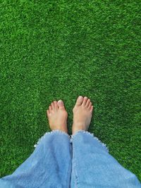 Low section of person standing on field