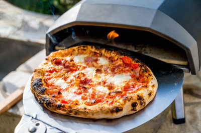 High angle view of pizza on table