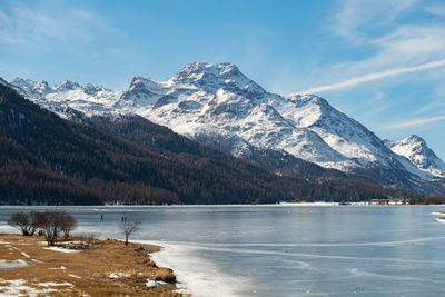 Switzerland, february 21, 2023 panorama with the lake of silvaplana and the mount corvatsch 