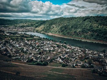 High angle view of buildings against sky