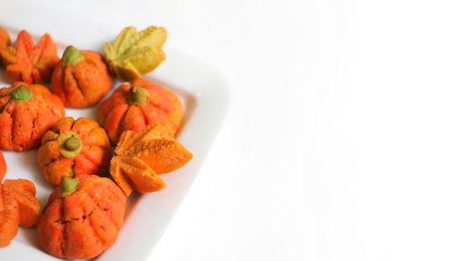 High angle view of fruits in plate on table