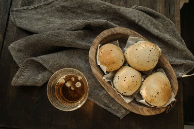 High angle view of bread in basket on table