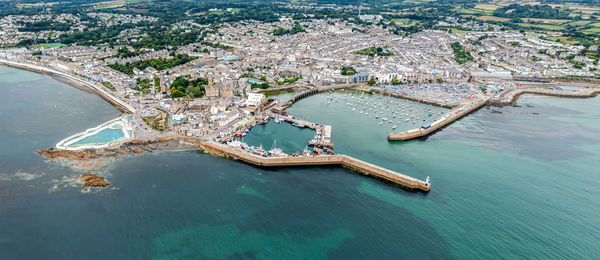 High angle view of boats in sea