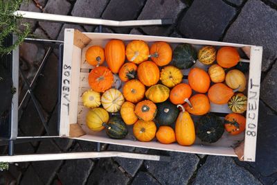 High angle view of fruits in crate
