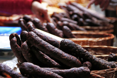 Hungarian sausages on local food market, hungary, budapest