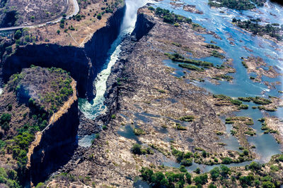 Amazing aerial view of the victoria falls with lower water between zimbabwe and zambia