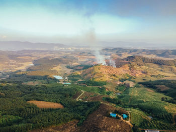 Aerial view of rural thailand where forests are burned in winter.