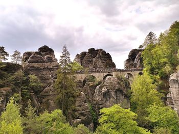 Panoramic view of rocks and trees against sky