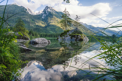 Scenic view of lake and mountains against sky