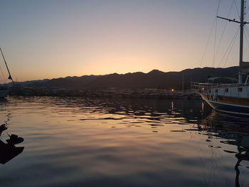 Sailboats moored in marina at sunset