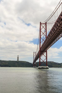 View of suspension bridge against cloudy sky