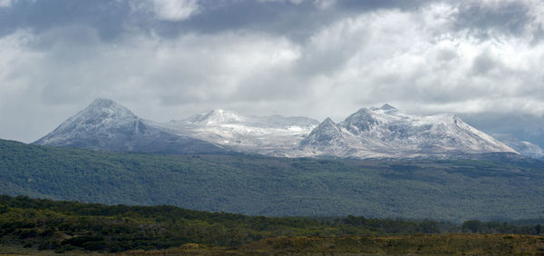 Scenic view of mountains against cloudy sky