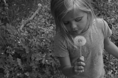 High angle view of girl holding dandelion seed while standing on field