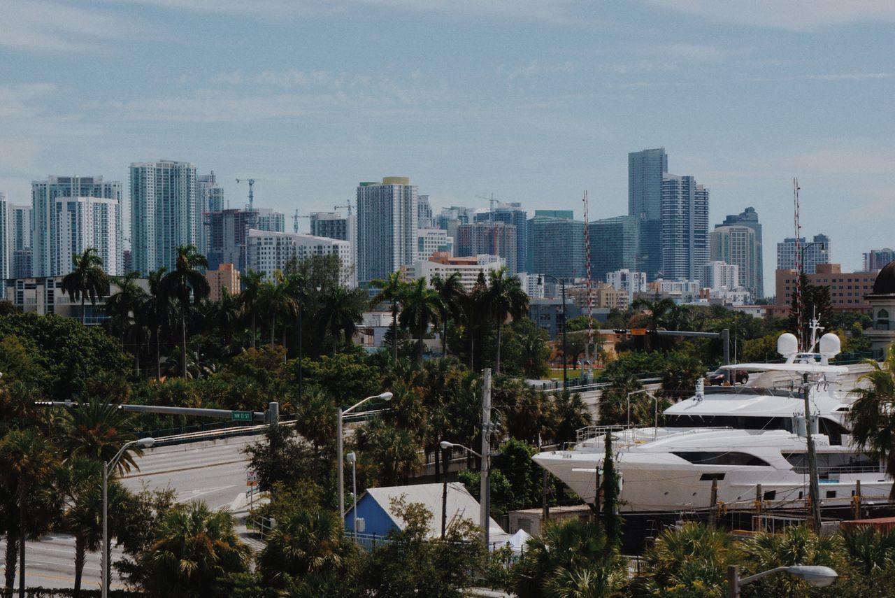 building exterior, architecture, city, built structure, skyscraper, tree, cityscape, modern, tall - high, office building, urban skyline, growth, tower, sky, city life, palm tree, building, residential building, day, financial district