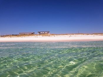 Scenic view of sea against clear blue sky
