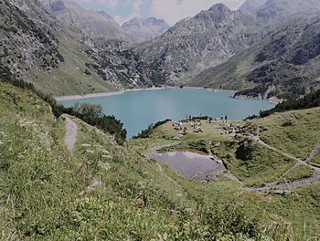 High angle view of lake and mountains