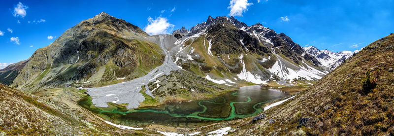 Panoramic view of snowcapped mountains against sky