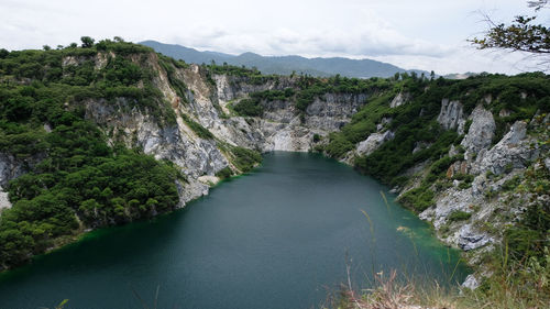 Scenic view of river amidst mountains against sky