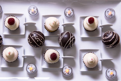 High angle view of cupcakes on table