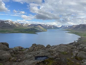 Scenic view of lake and mountains against sky