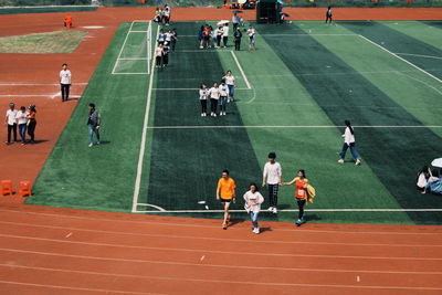 High angle view of people playing soccer