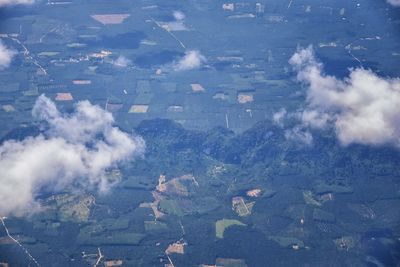 High angle view of aerial land on field against sky