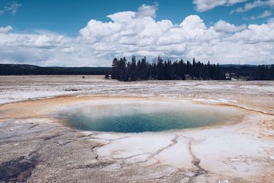 Scenic view of gyser - turquoise pool