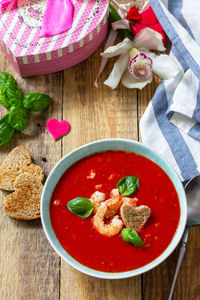 High angle view of soup in bowl on table