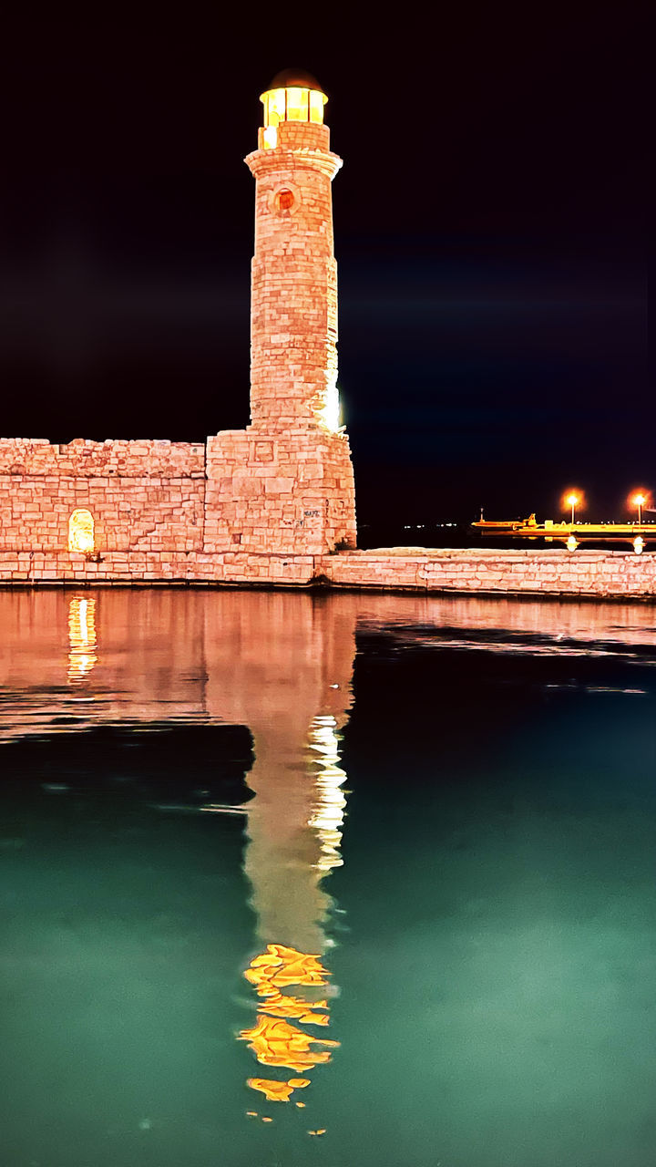 Crete - Rethymno Reflection Built Structure Water Architecture Building Exterior Night Illuminated No People Nature Sky Waterfront Building History Travel Destinations The Past Tower Travel Outdoors Lake