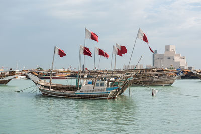 Traditional flag on sea against sky