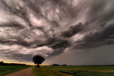 Scenic view of field against cloudy sky