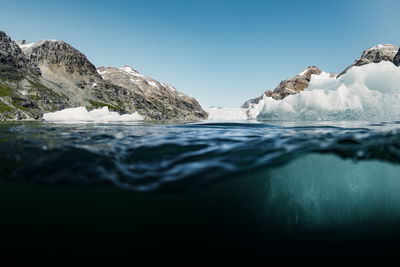 Surface level of frozen sea against clear sky