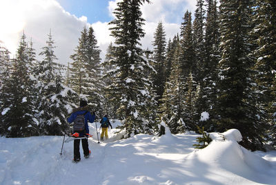 Rear view of people on snow covered land