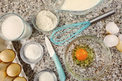 High angle view of breakfast on table