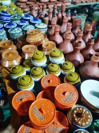 High angle view of pots for sale at market