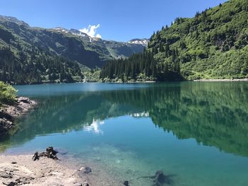 Scenic view of lake by trees against sky