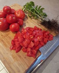 High angle view of fresh vegetables on cutting board