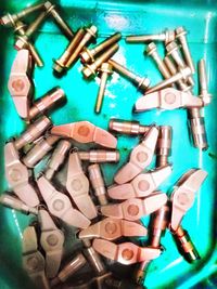 High angle view of various objects on table