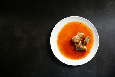 High angle view of soup in bowl on table