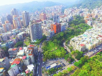 High angle view of cityscape against sky