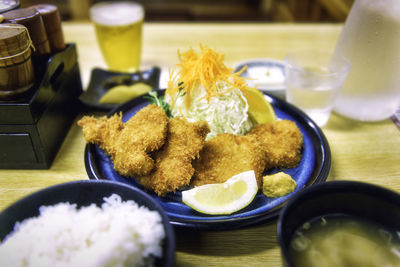 Close-up of food served on table