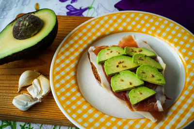 High angle view of food in plate on table