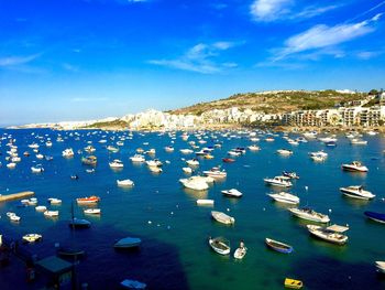 High angle view of boats moored in sea