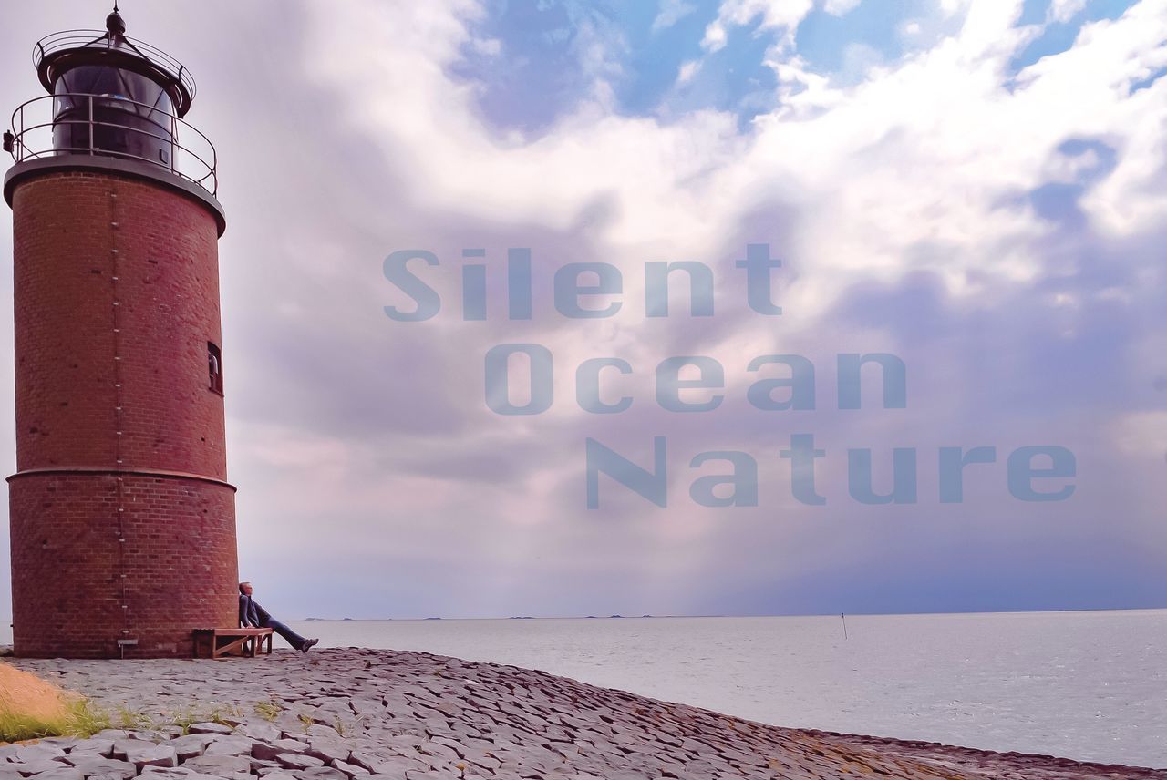 cloud - sky, text, communication, sky, western script, architecture, built structure, guidance, building exterior, no people, nature, day, sea, direction, beach, water, outdoors, sign, information, lighthouse