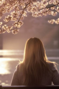 Portrait of a blonde girl looking to a lake under a cherry blossom tree.