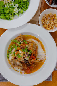 High angle view of meal served on table