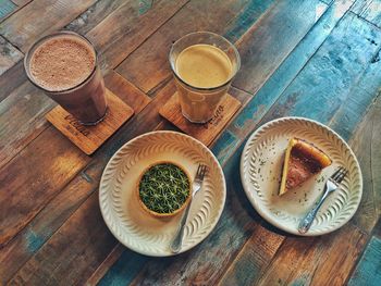 High angle view of breakfast served on table