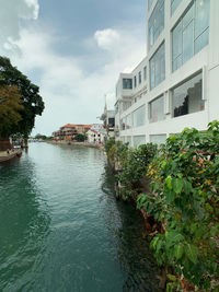 Canal by buildings against sky