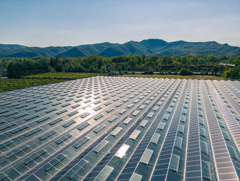 Greenhouse for growing vegetables with mounted photovoltaic panels