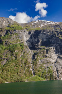 Scenic view of sea and mountains against sky